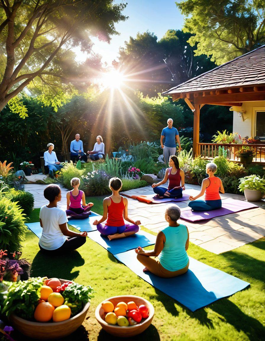 A serene and uplifting scene depicting a diverse group of individuals engaged in holistic cancer care practices, such as yoga, meditation, and healthy cooking in a vibrant garden setting. Include elements like colorful fruits and vegetables, compassionate support groups, and a bright sun shining down to symbolize hope and wellness. super-realistic. vibrant colors. natural setting.