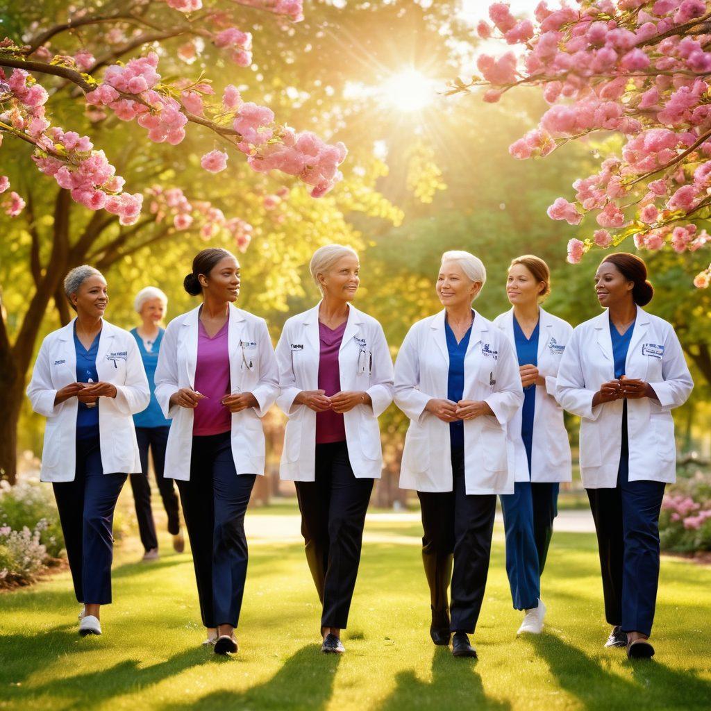 A serene and uplifting scene depicting a diverse group of healthcare professionals and cancer survivors in a sunny park, engaging in support activities like group counseling and wellness exercises. Bright flowers blossom around them, symbolizing hope and renewal, while a soft golden light bathes the scene in warmth. The background features a ribbon symbolizing cancer awareness gently fluttering in the breeze. super-realistic. vibrant colors. bright background.