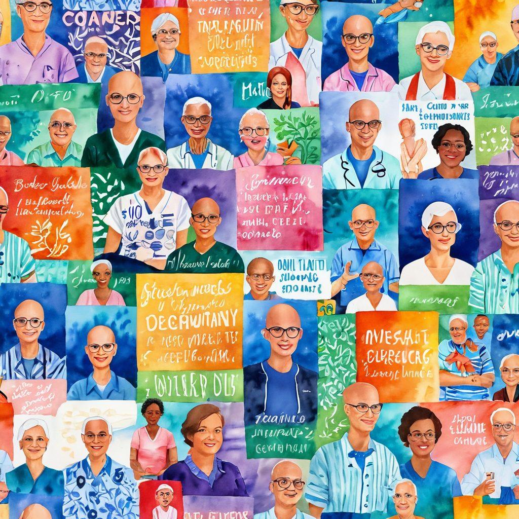 A collage representing the journey of cancer survivors, featuring scenes of research labs, support groups, and triumphant personal moments. Include vibrant colors to symbolize hope, with threads of resilience and community woven through the imagery. Capture emotional expressions of determination and unity among diverse people. Watercolor style. vibrant colors. light background.